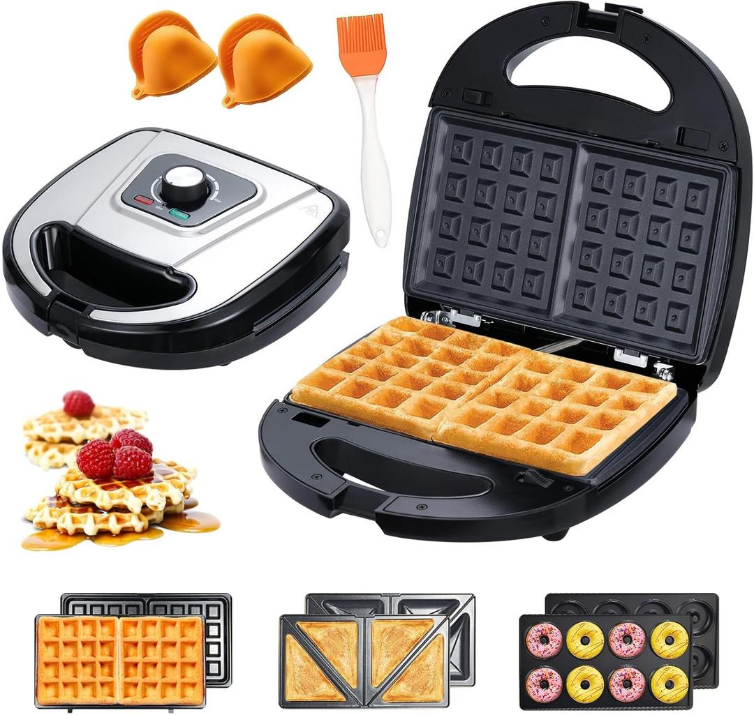 3-in-1 Mini Sandwich Maker with Non-Stick Plates, Electric Waffle Maker, Mini Donut Maker, Breakfast Sandwich Maker Press with Removable Plates, Compact Design & Adjustable Temperature Knob (Grey)