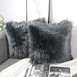 OYIMUA Fluffy Decorative Throw Pillow Covers 24x24, Faux Fur Farmhouse Luxury Pillow Cases,Soft Plush Fuzzy Dark Gray Cushion Covers for Sofa Couch Living Room Bedroom Set of 2
