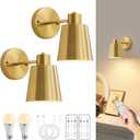 Gold Battery Operated Wall Sconces Set of Two with Remote, Rechargeable Battery Powered Wall Lights, 3 Color Temperature, Dimmable, Modern Wireless Wall Lamps for Bedroom Living Room Hallway