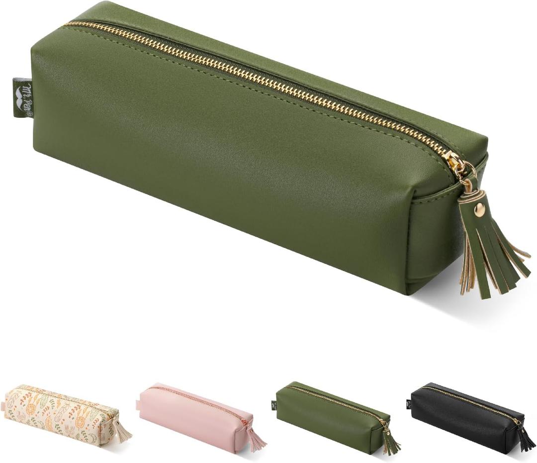 Mr. Pen PU Leather Pencil Pouch - Green, Small, Aesthetic & Cute Pencil Case for School