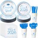 700pcs Class of 2026 Graduation Plates and Napkins Set, Disposable Paper Plate Set Polka Dots Napkins Cups Knife Fork Spoon for Graduation Party Decorations and Supplies,Serve 100(White LightBlue)