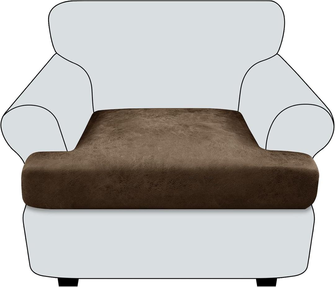 T Cushion Chair Cover Leather-Look 1PC Stretch Chair Seat Slipcover for Living Room Individual Armchair Couch Cover Seat Covers with Elastic Bands, Pet-Friendly, Non-Slip - Dark Brown