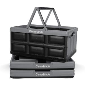 CleverMade Collapsible Shopping Basket 32L, 3 Pack Folding Grocery Basket with Handles, Stackable Reusable Storage Crate with 35 lb Capacity, Recycled Plastic, Car Trunk Organizer- Stone Gray