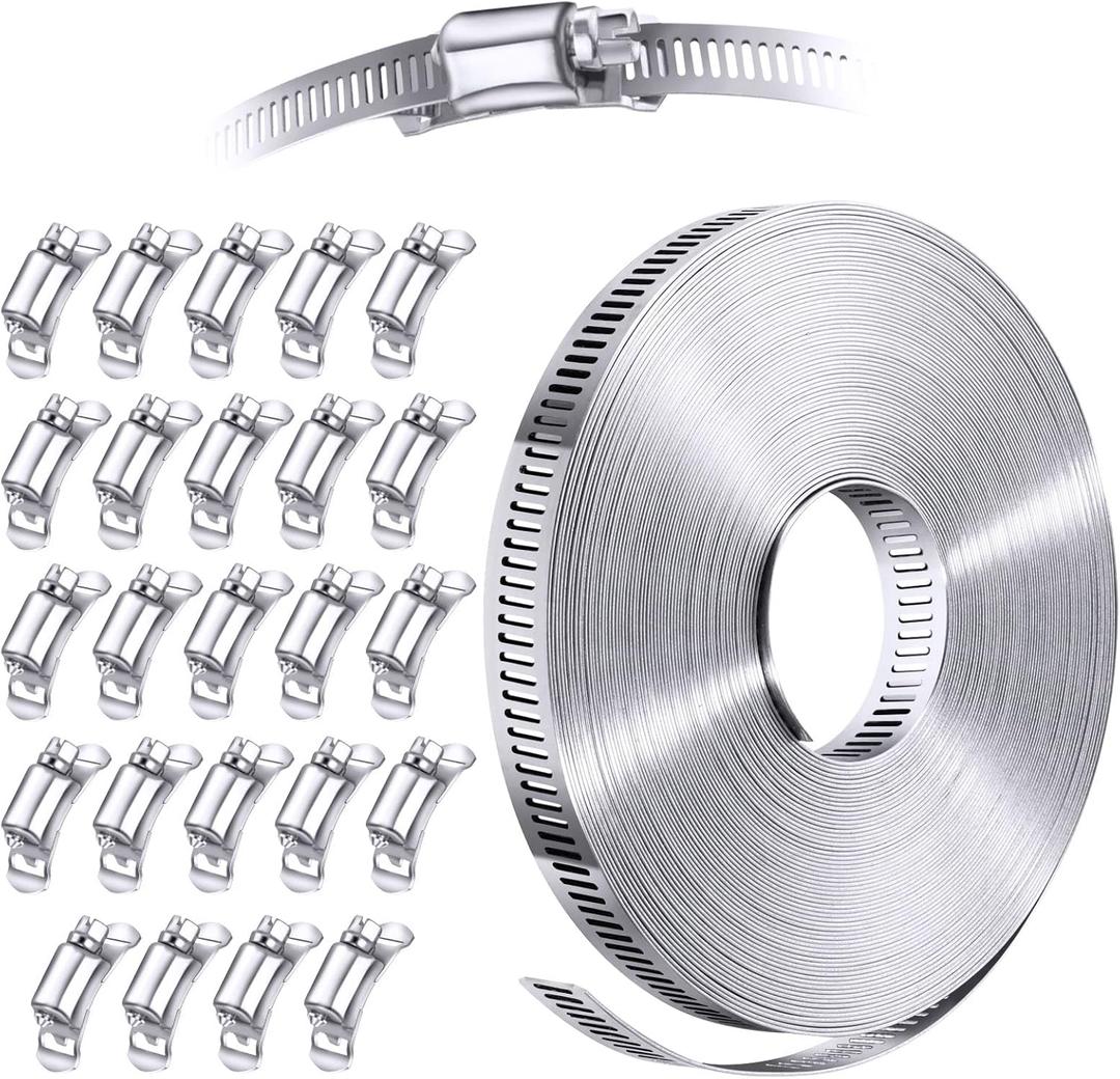 304 Stainless Steel Hose Clamp Assortment Kit DIY, Cut-To-Fit 50 FT Metal Strap+24 Stronger Fasteners, Large Adjustable Worm Gear Hose Clamps Screw Clamps Duct Pipe Metal Clamp Strapping