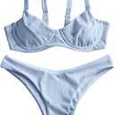 ZAFUL Women's Ribbed Underwire Bikini Set High Cut Colorblock V Notch Swimwear Printed High Leg Swimsui,Blue 