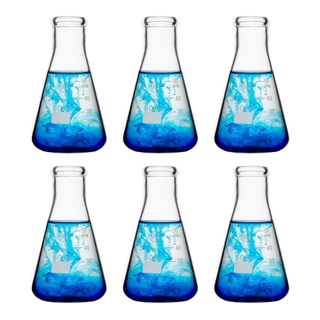 50ml Glass Erlenmeyer Flask Set, Narrow Mouth Graduated Flasks, 3.3 Borosilicate Glass, Ideal for Laboratory, Classroom or Home Use, HUAOU, Pack of 6