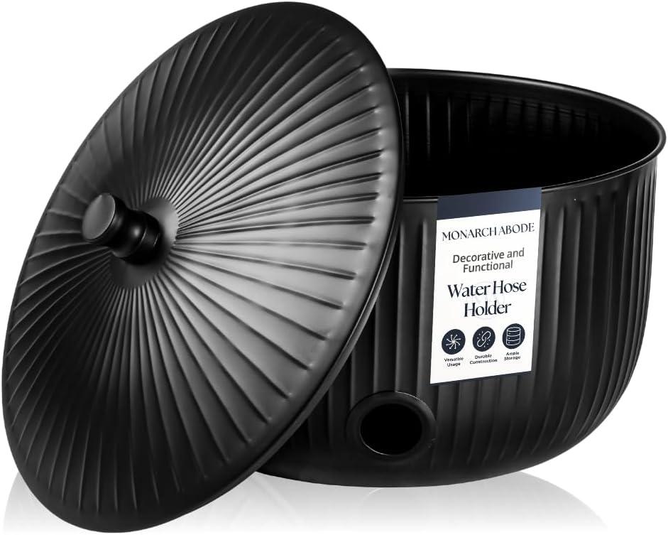 Monarch Abode Garden Hose Holder with Lid  Decorative Water Hose Holders for Outside, Ridge Embossed Metal Matte Black Pot with Drainage, 100ft Waterhose Holder for Outside, Garden Storage Caddy