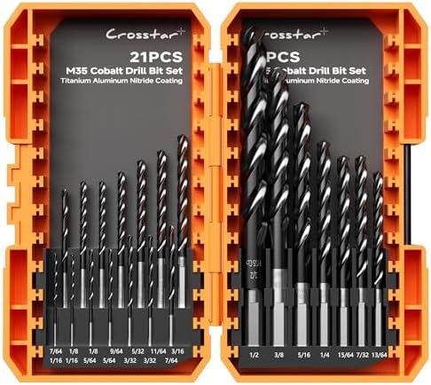 Crosstar M35 Cobalt Drill Bit Set for Hardened Metal & Stainless Steel - 21pcs Titanium Aluminum Nitride Coated (TiAlN), Three-Flute Design, 1/16"-1/2" Metal Drill Bits