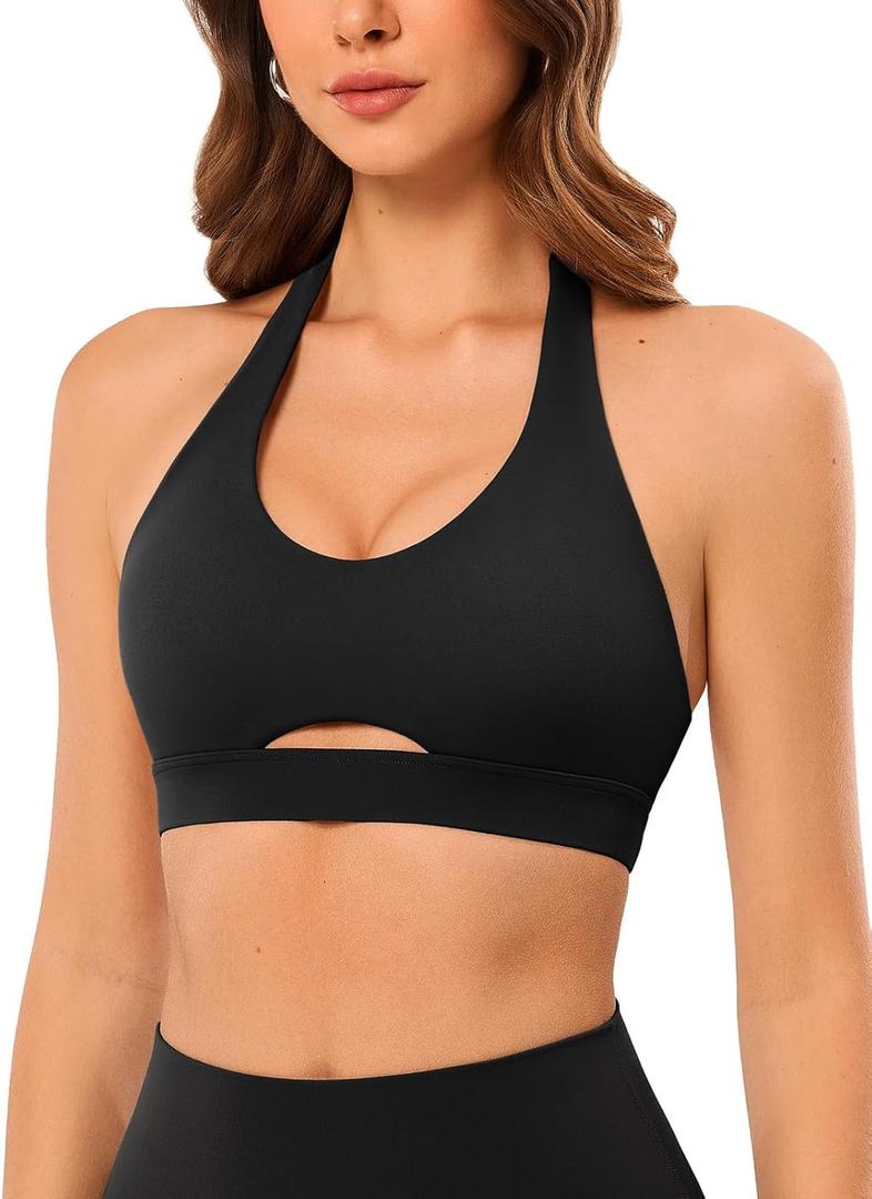 Open Back Halter Sports Bra for Women,Compression Workout Padded Crop Top Scoop Neck Bras High Support for Gym,Yoga, Larg