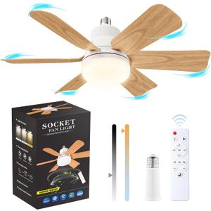 Socket Fan Light with Remote Control, 20" Screw in Ceiling Fans with Lights & Socket Extender Light Bulb Fan 3 Speeds, Ceiling Fan Light 6 Blades for Bedroom, Kitchen, Garage, Wood Grain