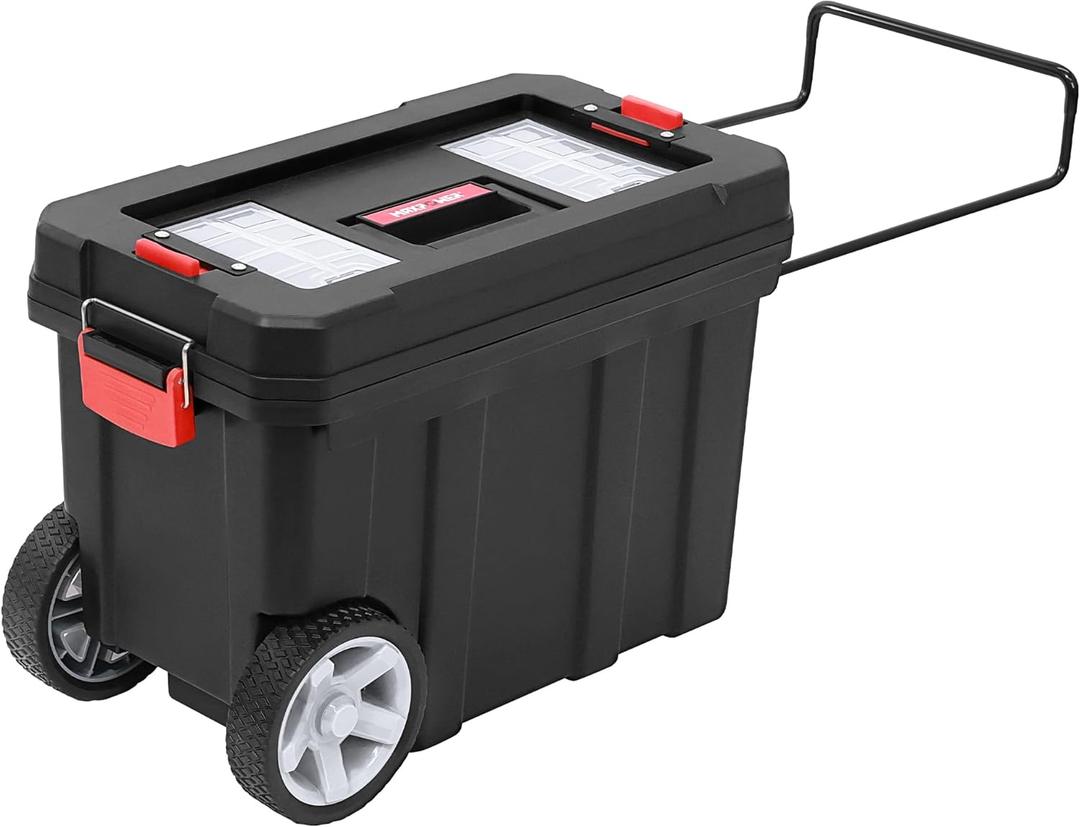 MAXPOWER Rolling Tool Box with Wheel, 8 Gallon Storage Capacity Deep Tool Box, Lockable Latches, Removable Tray, Black Toolbox