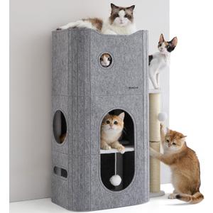 Bedsure 3-Level Indoor Cat Bed- Cat Condos Small Cat Tree for Multiple Kitties to Play Sleep,Hideaway Cave, Fluffy Ball, Scratching Post, 22.5x31.5x13, Grey