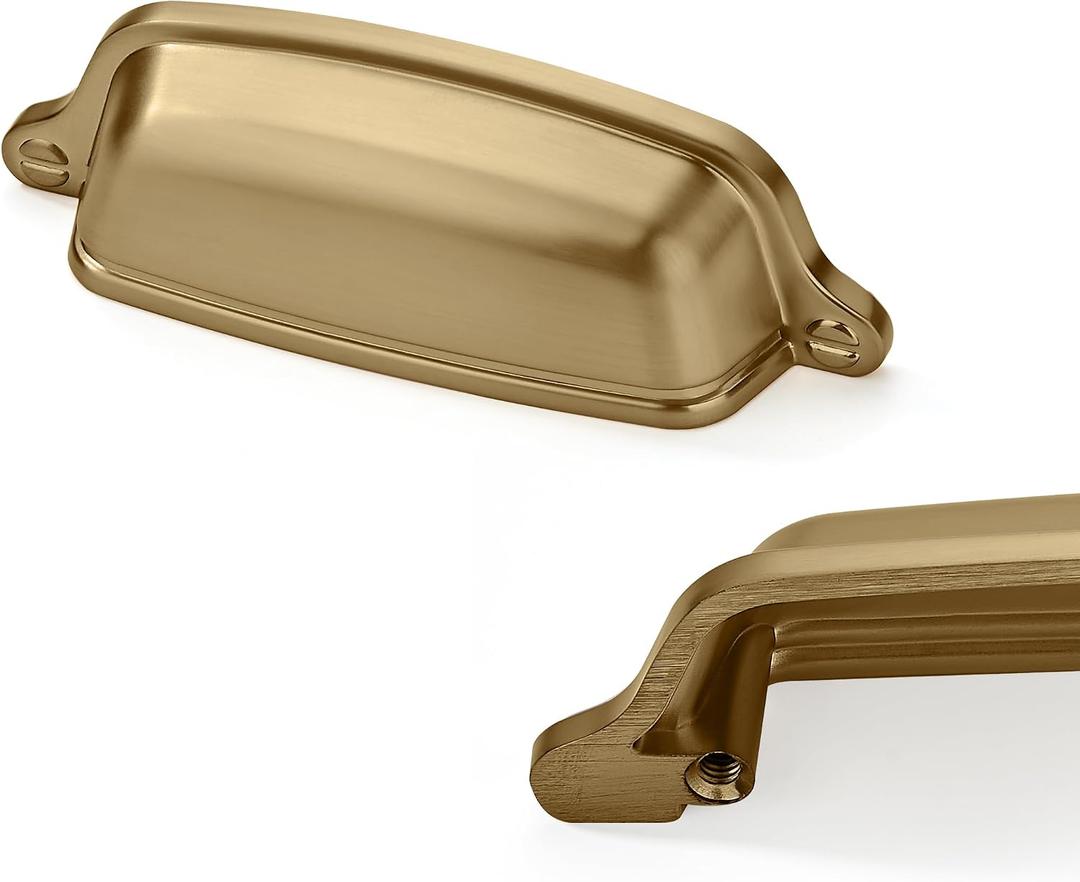 6 Pack 3 inch(76 mm) Brushed Brass Cabinet Cup Pulls Brushed Gold Drawer Pulls Kitchen Hardware Cabinet Handles Drawer Handles Knobs Cup Pull.
