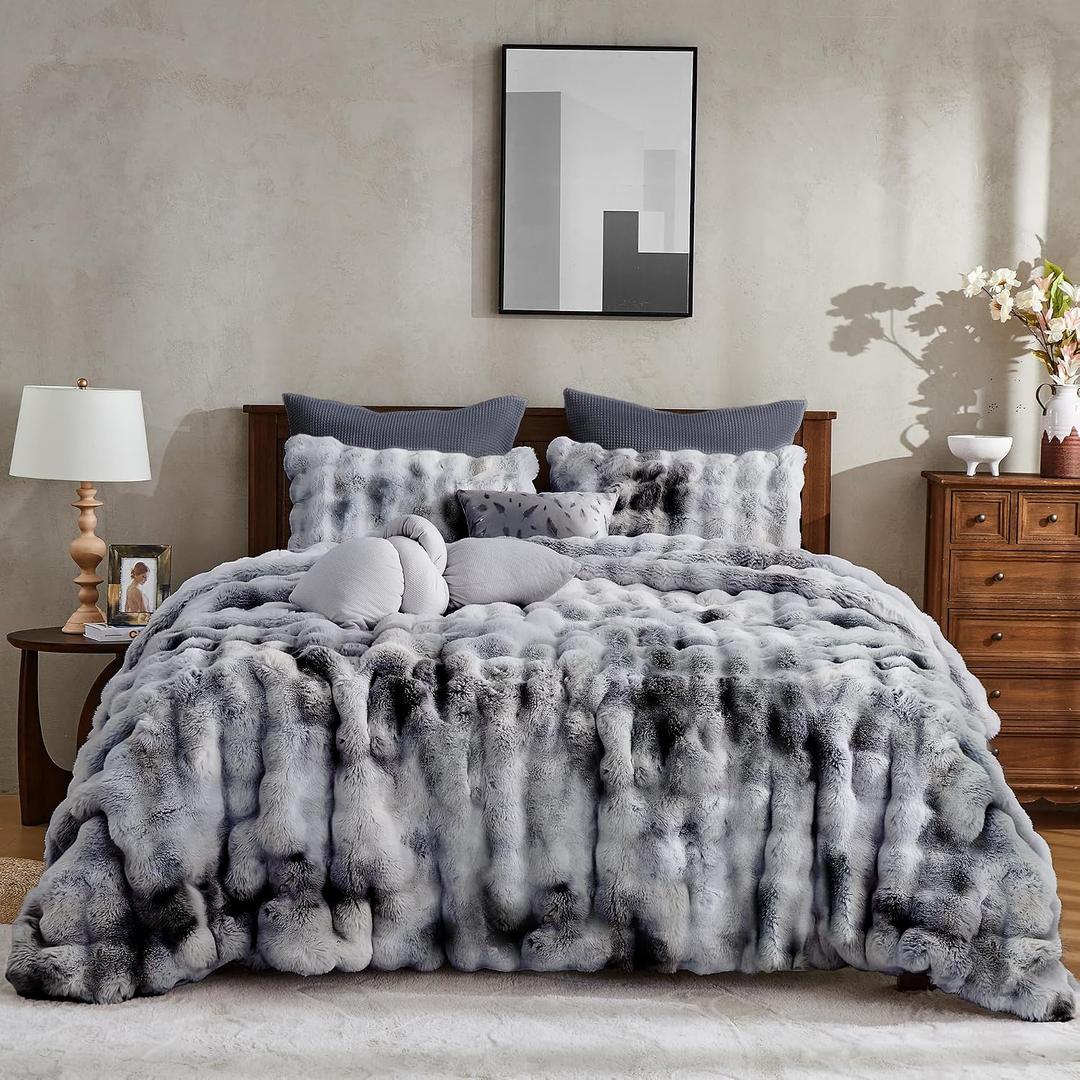 Wonderful - 3 Pieces Faux Rabbit Fur Comforter Set King Size, Grey Tie Dye Plush Bedding Set, 3D Sculpted Bubble Warm Fluffy Comforter for Winter