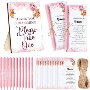 Sintuff 50 Set Baby Shower Favors for Guest 1 Thank You for Coming Sign 50 Ballpoint Pens 50 Thank You Cards with Twine Fall Baby Shower Return Gifts for Gender Reveal(Pink,Bear)