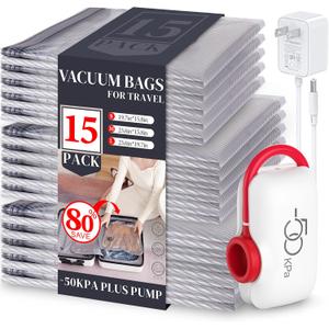 VMstr 15 Pack Travel Vacuum Storage Bags With High Pressure Electric Pump(D/C Power), Compression Sealing for Clothes and Clothing Luggage Suitcase Packing, Carry-on Travel Size