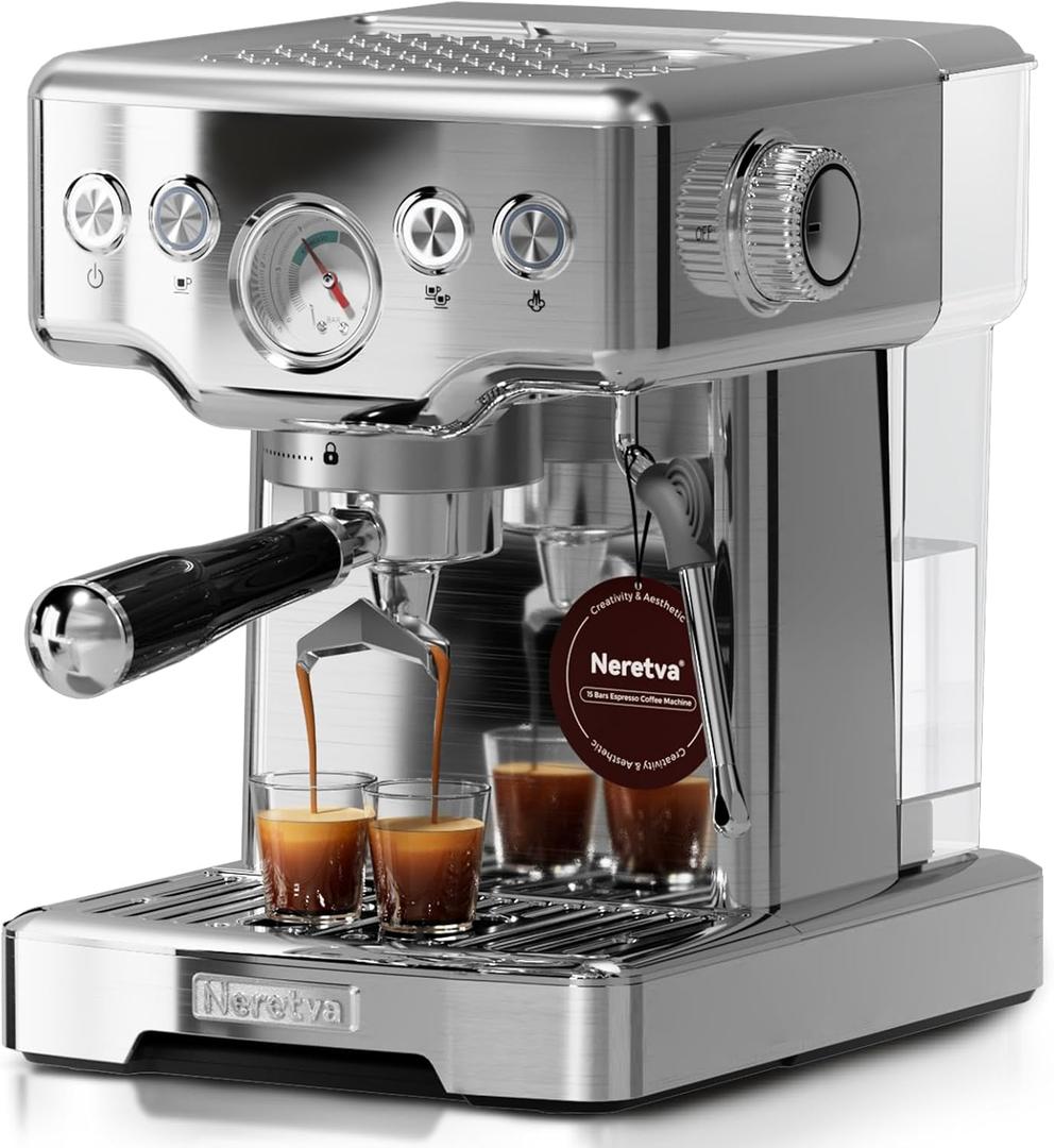 Neretva Espresso Machine, 15 Bar Espresso Coffee Machine with Visible Pressure Guage Professional Espresso Maker with Milk Frother & Stainless Steel for Home Barista Latte and Cappuccino Maker-Silver