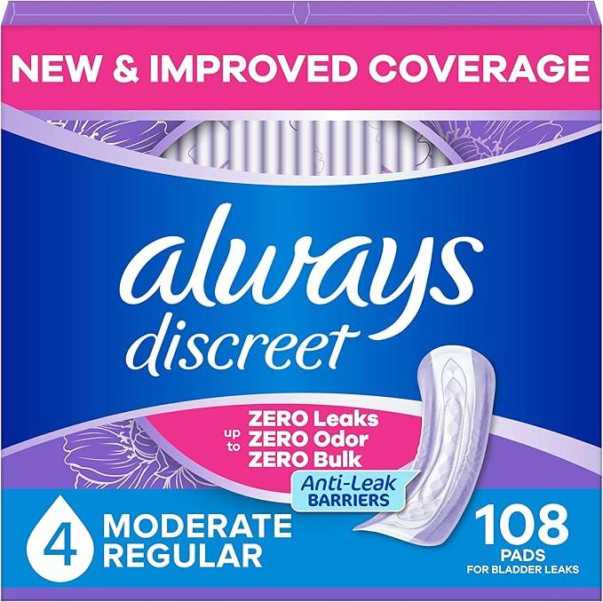 Always Discreet Adult Incontinence Pads for Women, Drier, 4 Drop Regular Length, Moderate Absorbency, Pads for Bladder Control Management, Bladder Leaks, & Postpartum Pads, 108ct