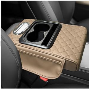 SHMZK Car Center Console Armrest Pillow, Leather Car Armrest Cushion with Cup Holder & Phone Holder, Universal Armrest Storage Box Protector for Most Vehicles, Car Accessories (Beige, Embroidered)