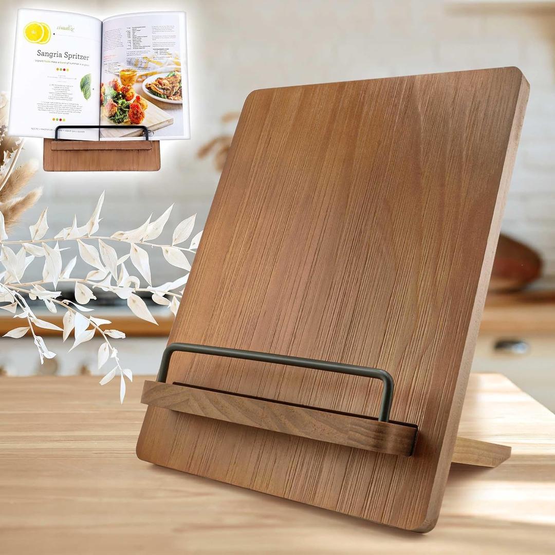 Cookbook Stand Recipe Book Holder: Recipe Cook Book Stand for Kitchen Counter, Wooden Adjustable iPad Tablet Cookbook Stand - Wood Cutting Board Style - Brown