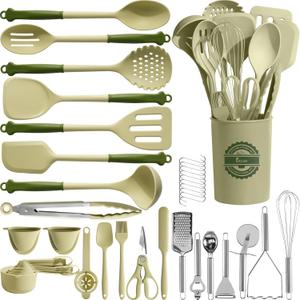 Kikcoin 43Pcs Kitchen Utensils Set - Silicone Cooking Utensil Set, Dishwasher Safe Spatula for Non-stick Cookware, 446F Heat Resistant Kitchen Gadgets with Holder BPA Free, Avocado Green