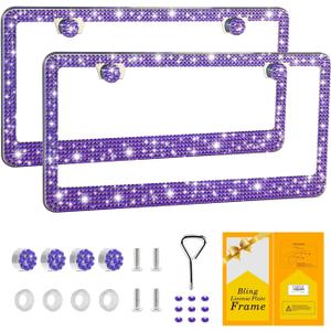 FIISFIIS Bling License Plate Frame for Women,2 Pack Premium Stainless Steel Rhinestone License Plate Holder,Handmade Glitter Crystal Diamond Lincense Plate Cover for Girl,Bedazzled Sparkly Caps-Violet