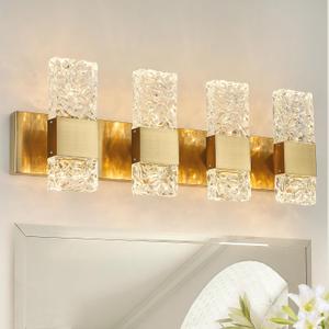 Vanity Lights Fixtures for Bathroom Wall Light Over Mirror LED Gold Crystal 40W Brushed Stainless Steel Dimmable Wall sconces for Bathroom Lighting Fixture 3000K (4 lights, Brushed Gold)