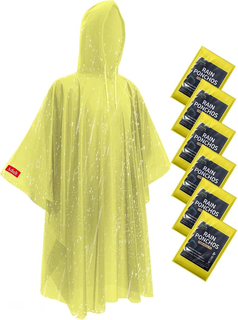 Hitituto Rain Ponchos for Adults - Extra Long Emergency Poncho with Hood, 6/12/24 Family Pack Raincoat, Home Survival Kits (Yellow)