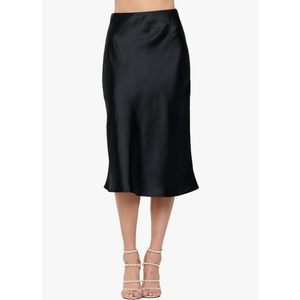 Women Solid High Waist Silky Casual Elastic Satin Midi Skirt -Made in USA , S