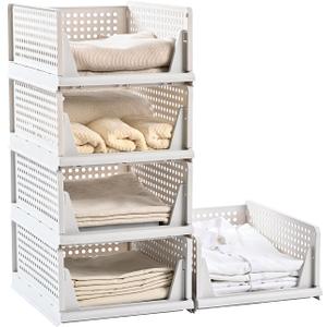 5 Pack Stackable Plastic Storage Basket-Foldable Closet Organizers Drawer Shelf Container for Bathroom Kitchen Laundry Room Wardrobe Storage, Space-Saving Clothes Storage (white, 5 pack L)