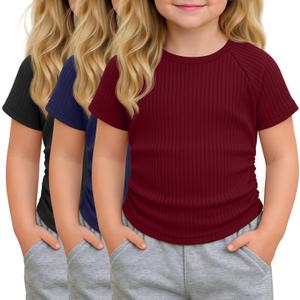 3 Pack Toddler Girl Shirts Summer | Cotton, Basic Tee, Cute, Ribbed Knit, Short Sleeve, Soft, Breathable, Lightweight, Stretchy, Casual, Ages 18M-5T