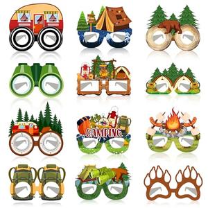 JIUMANGO 24 PCS Camping Paper Eyeglasses Camping Party Favors Supplies Camping Camp Birthday Party Decorations Gifts Photo Booth Props for Kids Boys Girls