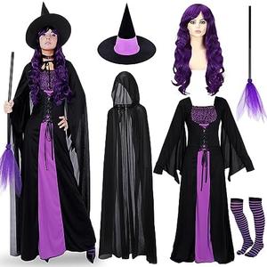 Hercicy 7 Pcs Adult Women Halloween Witch Costume Set Hood Cloak Dress Choker Broom Striped High Socks Wizard Hat Wig, XL