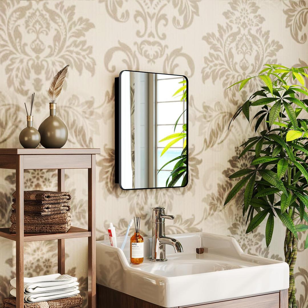 14 x 18 Inch Medicine Cabinet with Mirror, Bathroom Wall Storage Case, Recessed or Surface Mount Metal Vanity Mirror, Fully Assembled, Matte Black Finish
