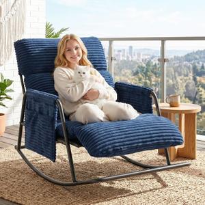 Oversized Outdoor Rocking Chair with Corduroy Cushions, 3-Level Adjustable Metal Patio Rocker with Footrest, Comfy Modern Lounge Chair for Porch, Balcony, Indoor(Navy)