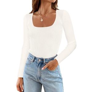 MEROKEETY Women's 2025 Square Neck Long Sleeve T Shirts Slim Fitted Ribbed Knit Casual Tee Tops, White, L