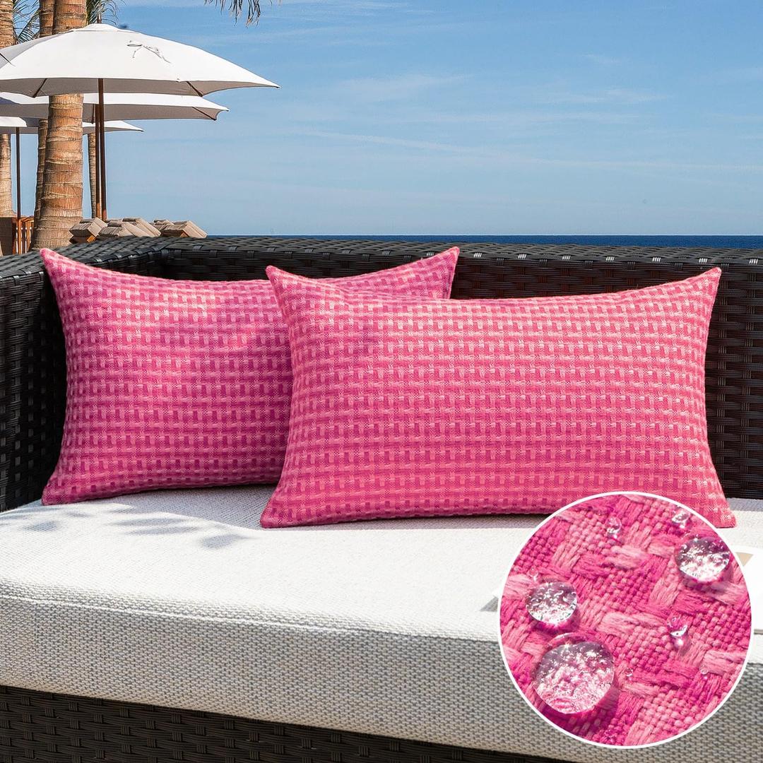 Kevin Textile Outdoor Waterproof Throw Pillow Covers Pack of 2 Valentines Day Farmhouse Decorative Cushion Covers for Garden Patio Tent Balcony Bench Couch Sofa 12x20 Inch, Hot Pink