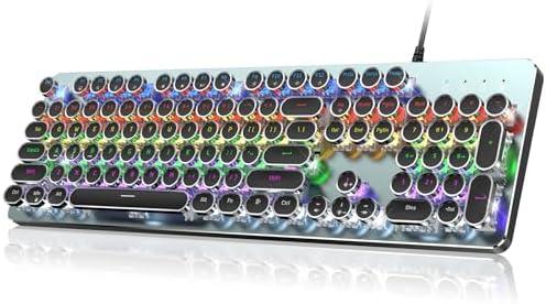 RisoPhy Typewriter Style Mechanical Gaming Keyboard, Metal Panel, Retro Punk Round Keycaps, Clicky Blue Switch, Rainbow LED Backlit, 104 Keys Wired Keyboard, Round Keycaps for PC Laptop Mac Gamer