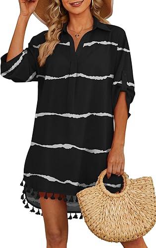 Yincro Women Swimsuit Cover Up Shirt 2025 Tassel Beach Bathing Suit for Swimwear Bikini Dress (2XL, Stripe Black)