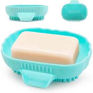 3 x Silicone Self Draining Soap Dish Tray Holder Cute Sea Shell 25Slope for Bar Soap Saver Waterfall Drain Shower Bathroom Sink with Bristles Brush Keep Dry Blue
