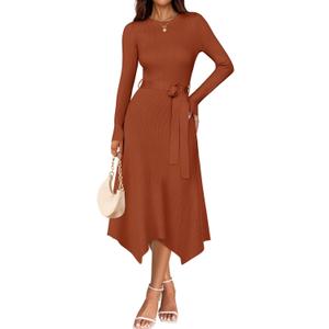 ZESICA Long Sleeve Sweater Dresses for Women 2026 Fall Winter Crewneck Ribbed Knit High Waist Midi Dress with Belt (Medium, Rust)