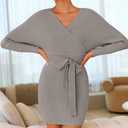 ZESICA Women's Fall Long Batwing Sleeve Wrap V Neck Knitted Backless Bodycon Pullover Sweater Dress with Belt,Grey,Large