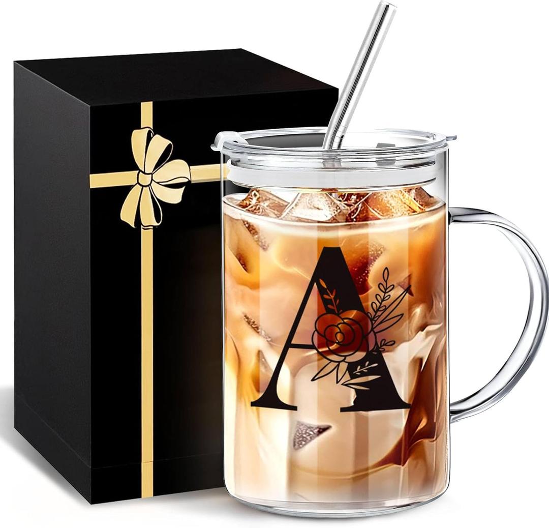 2 x Initial Extra Large Glass Drinking Cup With Lid Straw Boss Gifts For Women Cute Customized Mug Gift For Her Iced Glass Tumbler Cup Retirement Gift Must Haves For Women Apartment Essentials