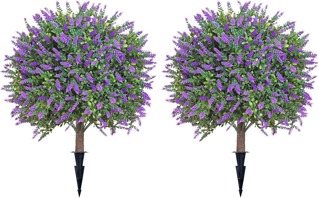 Artificial Lavender Topiary Tree - UV Resistant Fake Lavender Ball Tree with Ground Spike for Outdoor & Indoor Decor23.6inch