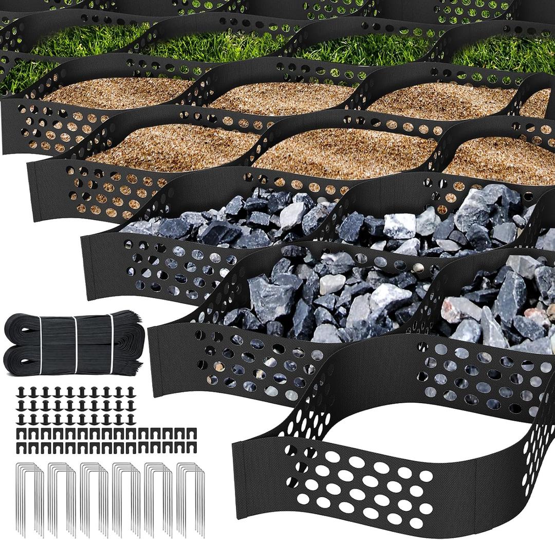 17x9 FT 3 Inch Depth Geogrid Gravel Grid, HDPE Geo Cell Driveway Stabilization Grids, Geo Ground Permeable Stabilization Grid for Landscaping, Parking, Lots Garden (Black)