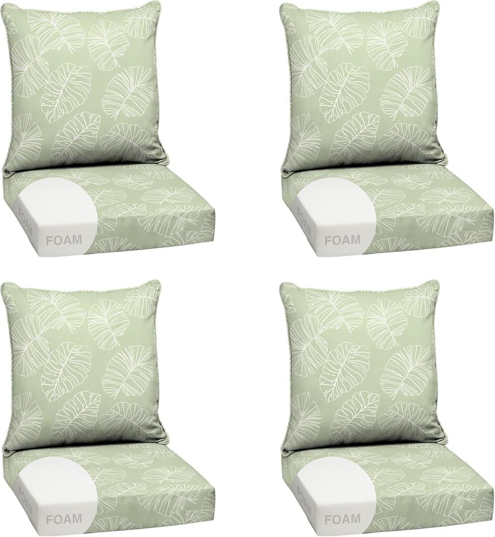 Arden Outdoor Foam Deep Seat Cushion Set (4-Pack), 24x24, Premium High-Density Foam, Never Flattens, Weather-Proof for Patio Chair Sofa Couch, Coastal Green Leaf