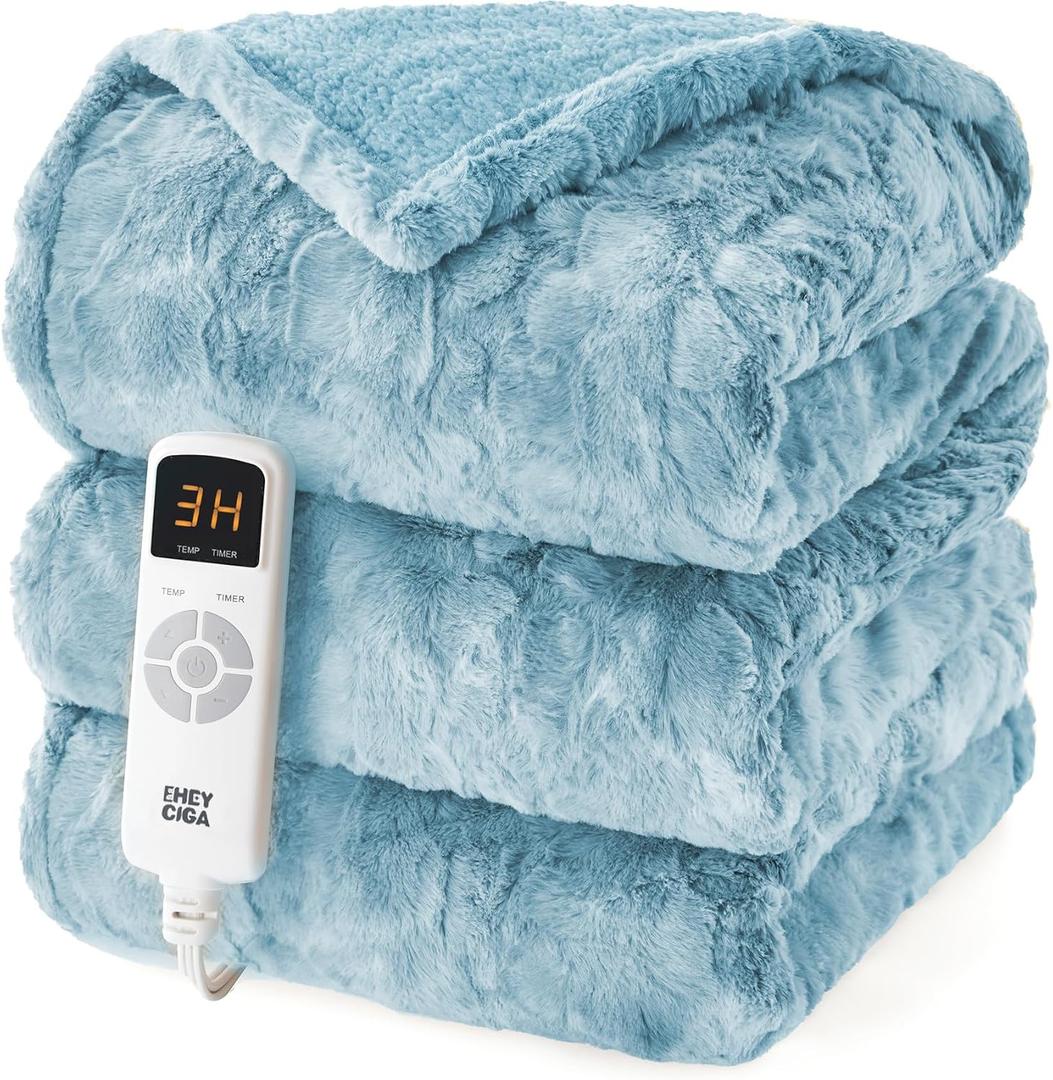 EHEYCIGA Electric Heated Blanket Throw Faux Fur, 10 Hours Auto Shut Off 9 Heating Levels Heating Blanket Throw, Soft Warm Heated Blanket Fast Heating Light Blue, Faux Fur & Sherpa