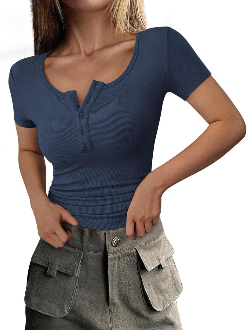 PRETTYGARDEN Womens 2026 Summer Short Sleeve Tops Ribbed Henley Button Slim Fit Basic Casual T Shirts Blouse Fashion Clothing (Blue, XL)