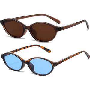 Retro Oval Sunglasses for Women Small Oval 90s Sunnies Trendy Narrow Cat Eye Vintage Shades 2 Pack