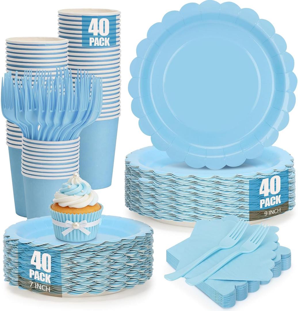 200Pcs Light Blue Party Plates and Napkins, 9and 7 Disposable Scalloped Baby Blue Paper Plates Cups Napkins Forks Set Party Supplies for Birthday, Wedding, Baby Shower Party Decorations, Serves 40
